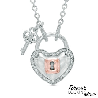 Forever Locking Love™ 0.10 CT. T.W. Diamond Heart Lock and Key Necklace in Sterling Silver and 10K Rose Gold - 32"