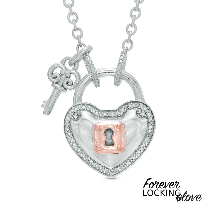 Forever Locking Love™ 0.10 CT. T.W. Diamond Heart Lock and Key Necklace in Sterling Silver and 10K Rose Gold - 32"