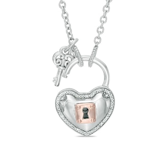 Forever Locking Love™ 0.10 CT. T.W. Diamond Heart Lock and Key Necklace in Sterling Silver and 10K Rose Gold - 32"