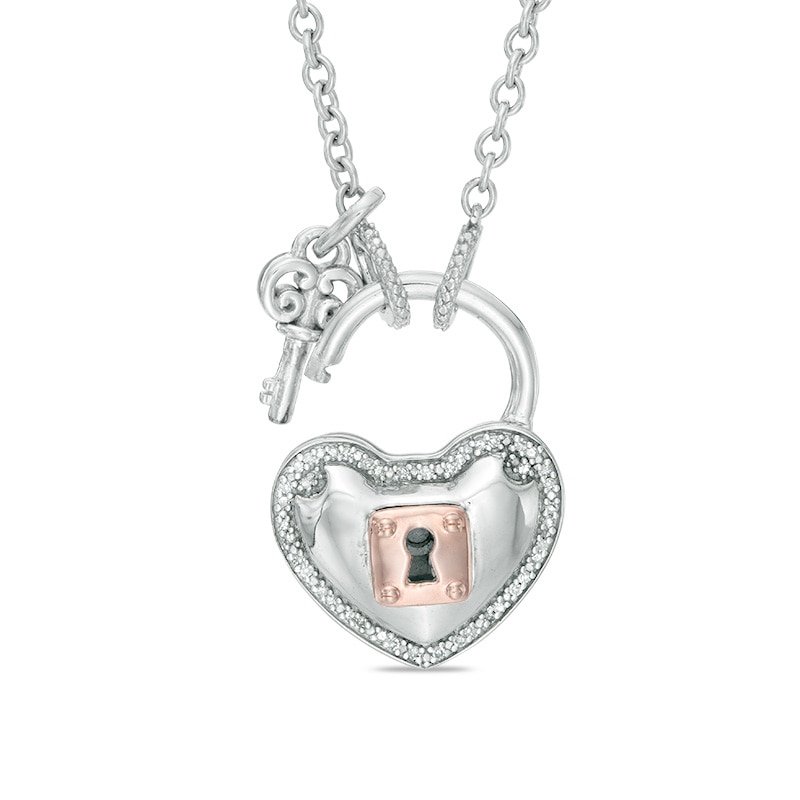 Forever Locking Love™ 0.10 CT. T.W. Diamond Heart Lock and Key Necklace in Sterling Silver and 10K Rose Gold - 32"