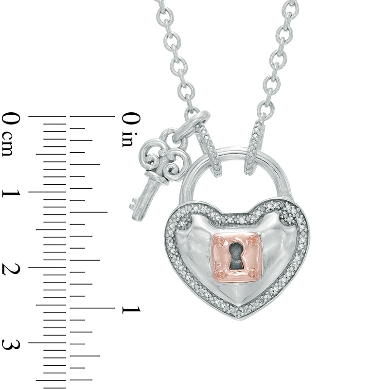 Forever Locking Love™ 0.10 CT. T.W. Diamond Heart Lock and Key Necklace in Sterling Silver and 10K Rose Gold - 32"|Peoples Jewellers