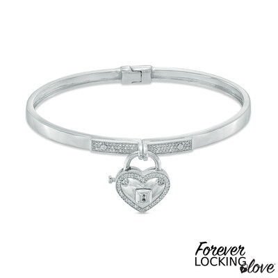 Forever Locking Love™ 0.15 CT. T.W. Diamond Heart-Shaped Lock Charm Hinged Bangle in Sterling Silver