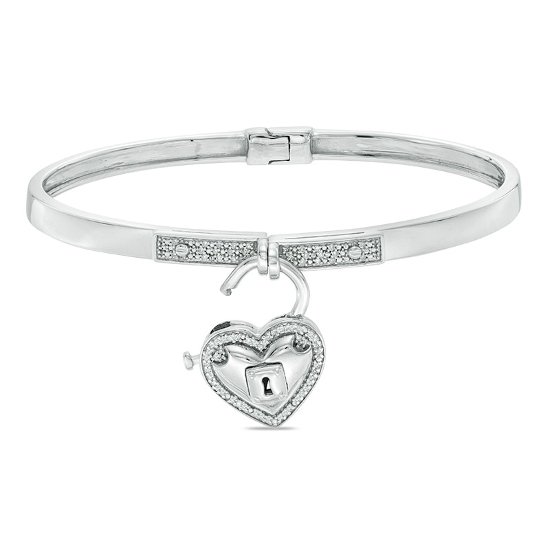 Forever Locking Love™ 0.15 CT. T.W. Diamond Heart-Shaped Lock Charm Hinged Bangle in Sterling Silver