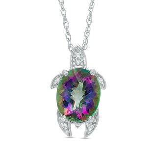 Oval Mystic Fire® Topaz and Diamond Accent Turtle Pendant in Sterling Silver