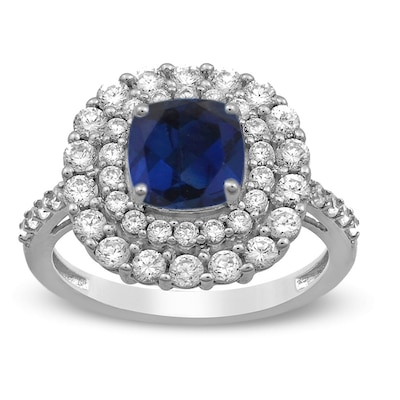 7.0mm Cushion-Cut Lab-Created Blue and White Sapphire Double Frame Ring in Sterling Silver