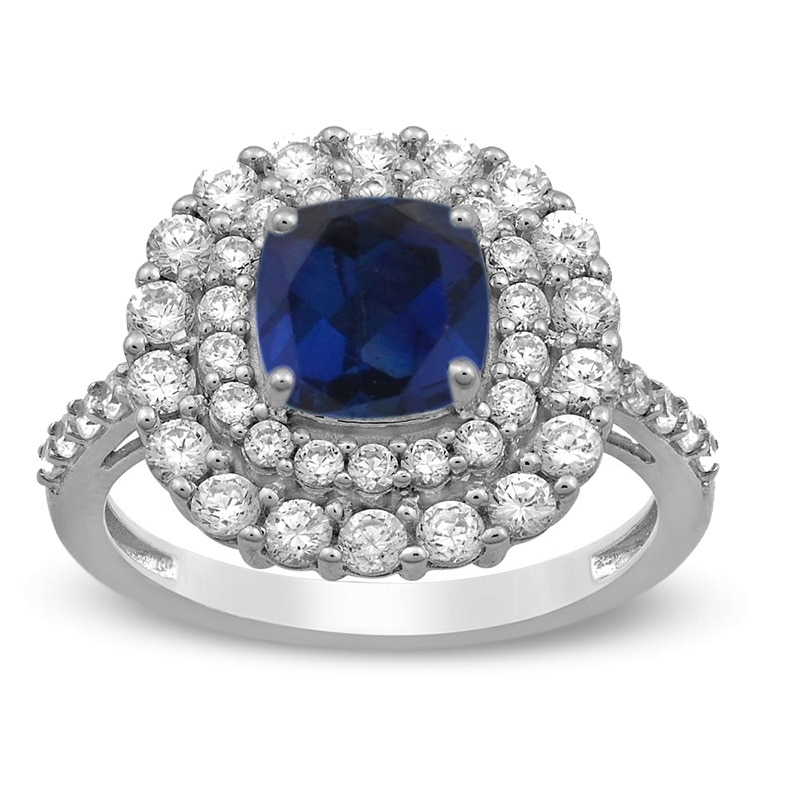 7.0mm Cushion-Cut Lab-Created Blue and White Sapphire Double Frame Ring in Sterling Silver|Peoples Jewellers