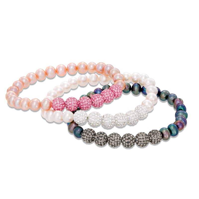 6.0-7.0mm Freshwater Cultured Pearl and Multi-colour Crystal Ball Stretch Bracelet Set-7.25"