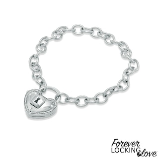 Forever Locking Love™ 0.10 CT. T.W. Diamond Heart-Shaped Padlock Bracelet in Sterling Silver - 7.25"