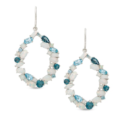 Multi-Shaped Blue Topaz and Lab-Created Opal Circle Cluster Drop Earrings in Sterling Silver