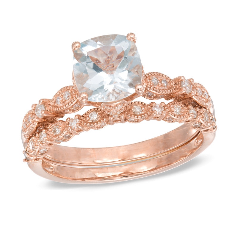 Main Image 1 of Your Stone Your Story™ Cushion-Cut Aquamarine and 0.33 CT. T.W. Diamond Milgrain Bridal Set in 14K Rose Gold