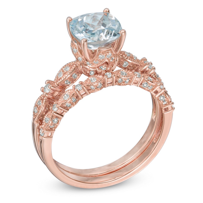 Main Image 2 of Your Stone Your Story™ Cushion-Cut Aquamarine and 0.33 CT. T.W. Diamond Milgrain Bridal Set in 14K Rose Gold