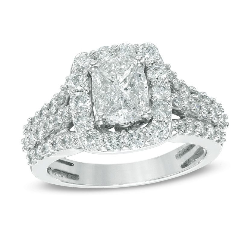 Main Image 1 of 2.00 CT. T.W. Oval Composite Diamond Frame Triple Row Engagement Ring in 14K White Gold