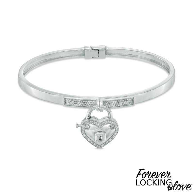 Forever Locking Love™ 0.15 CT. T.W. Diamond Heart-Shaped Padlock Charm Dangle Bangle in Sterling Silver