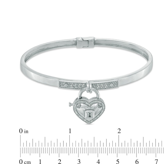 Forever Locking Love™ 0.15 CT. T.W. Diamond Heart-Shaped Padlock Charm Dangle Bangle in Sterling Silver