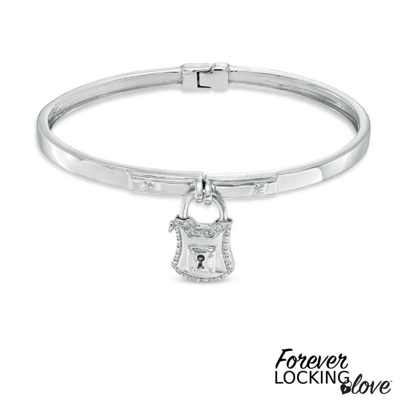 Forever Locking Love™ Diamond Accent Padlock Charm Dangle Bangle in Sterling Silver|Peoples Jewellers