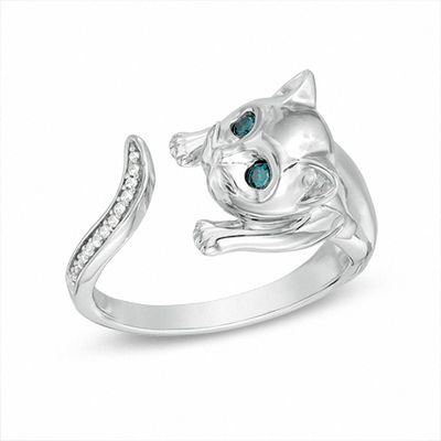 0.06 CT. T.W. Enhanced Blue and White Diamond Cat Ring in Sterling Silver