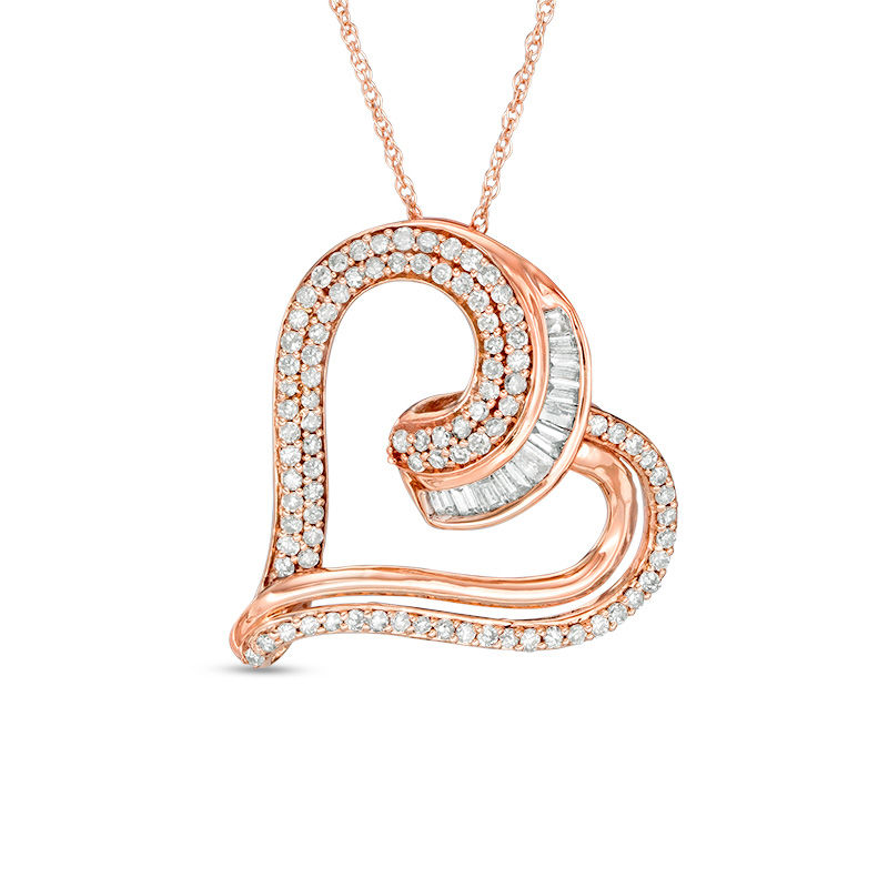 0.50 CT. T.W. Baguette and Round Diamond Tilted Heart Pendant in 10K Rose Gold|Peoples Jewellers