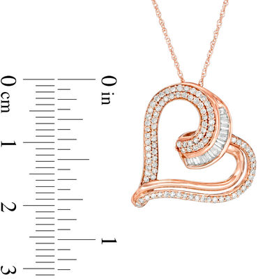 0.50 CT. T.W. Baguette and Round Diamond Tilted Heart Pendant in 10K Rose Gold