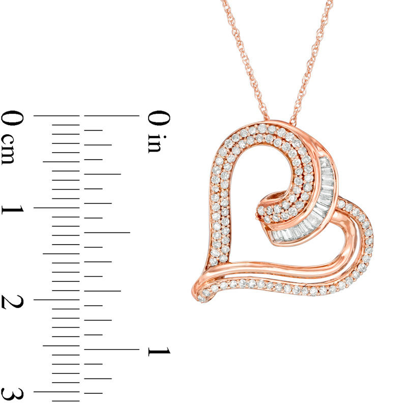0.50 CT. T.W. Baguette and Round Diamond Tilted Heart Pendant in 10K Rose Gold|Peoples Jewellers
