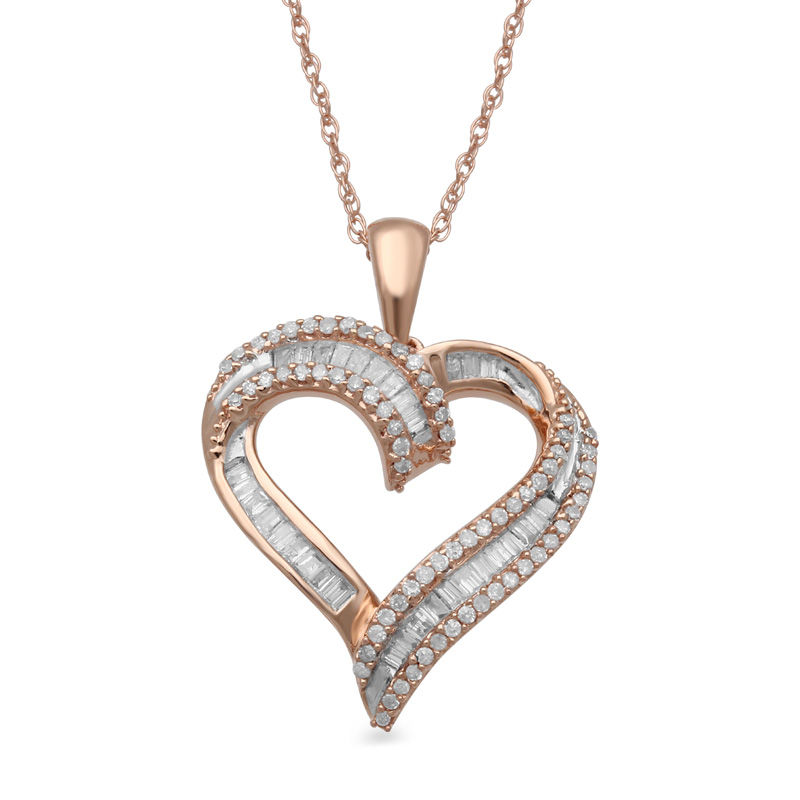 0.25 CT. T.W. Baguette and Round Diamond Heart Pendant in 10K Rose Gold|Peoples Jewellers