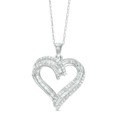 0.50 CT. T.W. Baguette and Round Diamond Heart Pendant in 10K White Gold