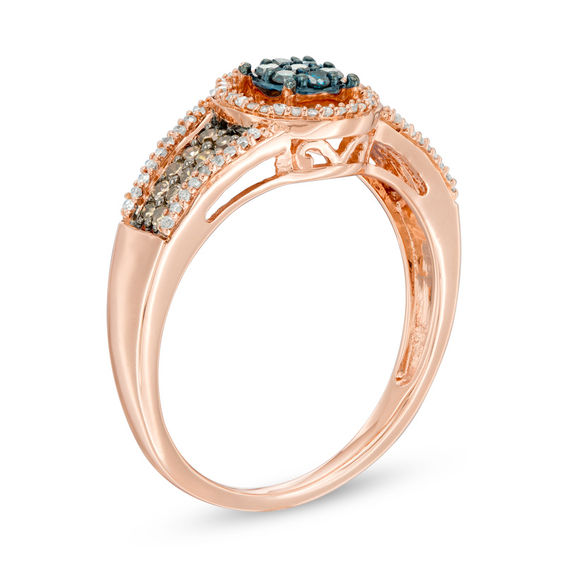 0.33 CT. T.W. Enhanced Blue, Champagne and White Composite Diamond Frame Ring in 10K Rose Gold