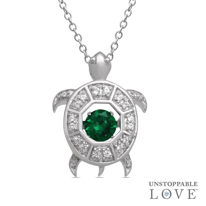 Unstoppable Love™ 5.0mm Simulated Emerald and Lab-Created White Sapphire Turtle Pendant in Sterling Silver|Peoples Jewellers