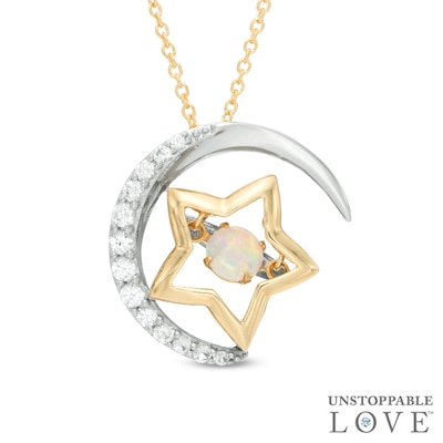 Unstoppable Love™ Lab-Created Opal and White Sapphire Moon and Star Pendant in Sterling Silver and 14K Gold Plate