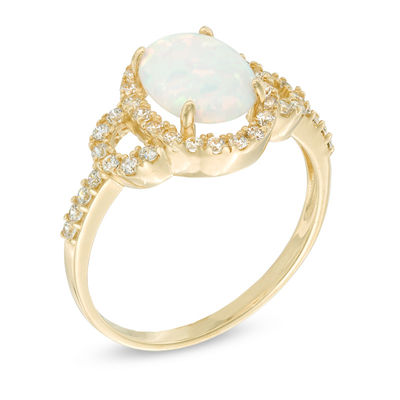 Oval Lab-Created Opal and White Sapphire Buckle Frame Ring in 10K Gold