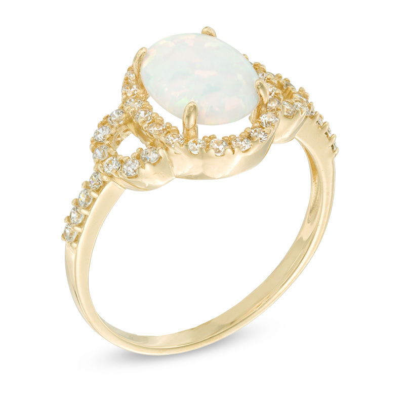 Oval Lab-Created Opal and White Sapphire Buckle Frame Ring in 10K Gold