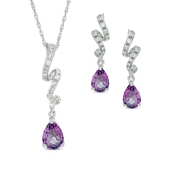 Pear-Shaped Amethyst and Lab-Created White Sapphire Ribbon Pendant and Earrings Set in Sterling Silver