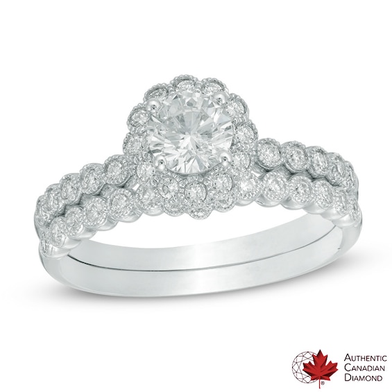 0.91 CT. T.W. Certified Canadian Diamond Flower Vintage-Style Bridal Set in 14K White Gold (I/I2)