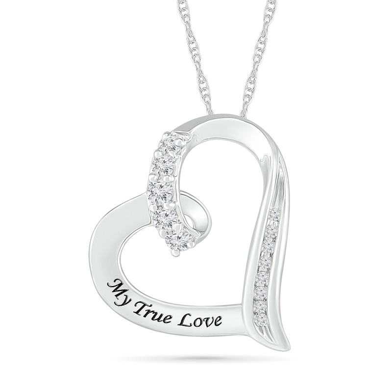 White Lab-Created Sapphire and Diamond Accent Engravable Tilted Heart Pendant in Sterling Silver (1 Line)