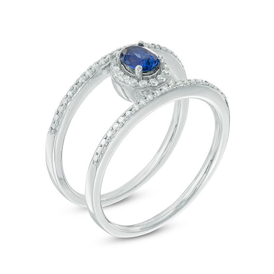 Oval Lab-Created Blue and White Sapphire Frame Ring in Sterling Silver