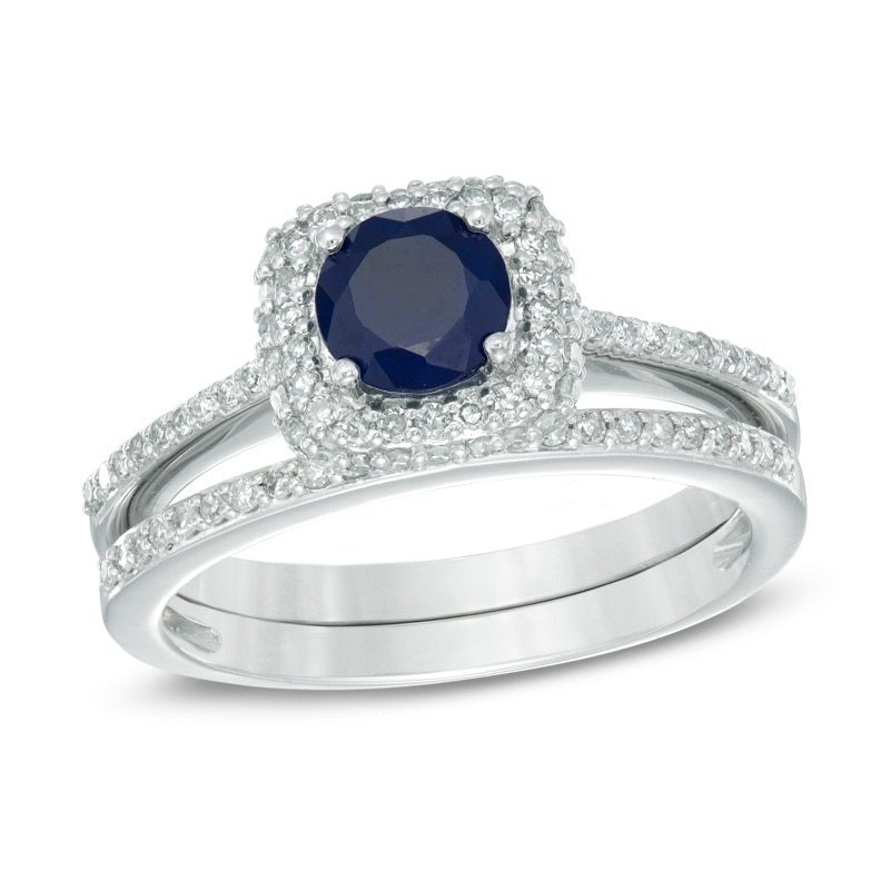 Your Stone Your Story™ 5.5mm Blue Sapphire and 0.51 CT. T.W. Diamond Square Frame Bridal Set in 14K White Gold|Peoples Jewellers