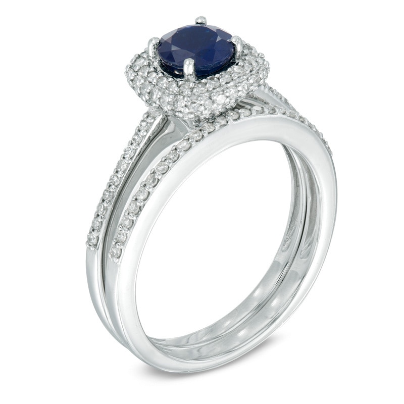 Main Image 2 of Your Stone Your Story™ 5.5mm Blue Sapphire and 0.51 CT. T.W. Diamond Square Frame Bridal Set in 14K White Gold