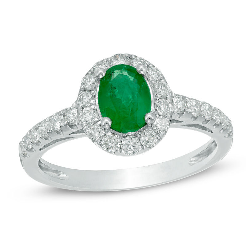 Main Image 1 of Your Stone Your Story™ Oval Emerald and 0.55 CT. T.W. Diamond Frame Ring in 14K White Gold