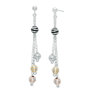 Beaded Dangle Drop Earrings in Tri-Tone Sterling Silver and Black Ruthenium