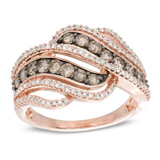 1.00 CT. T.W. Champagne and White Diamond Cascading Waves Ring in 10K Rose Gold