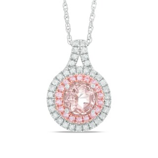 7.0mm Lab-Created Pink and White Sapphire Double Frame Pendant in Sterling Silver and 14K Rose Gold Plate