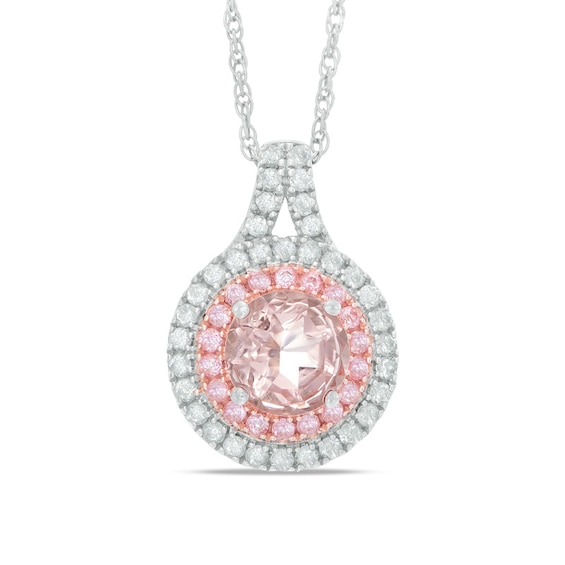 7.0mm Lab-Created Pink and White Sapphire Double Frame Pendant in Sterling Silver and 14K Rose Gold Plate