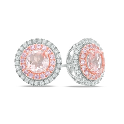 6.0mm Lab-Created Pink and White Sapphire Double Frame Stud Earrings in Sterling Silver and 14K Rose Gold Plate