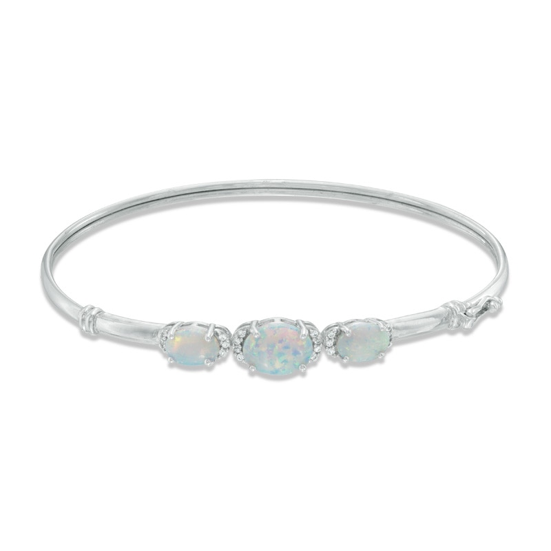 Oval Lab-Created Opal and White Sapphire Three Stone Bangle in Sterling Silver