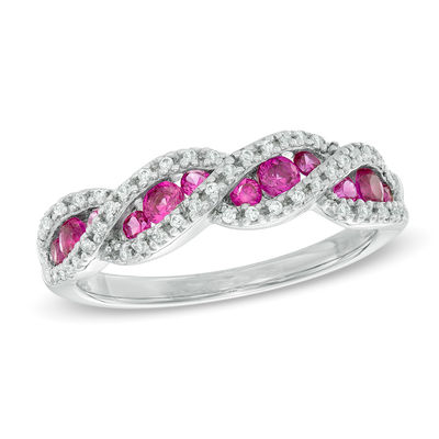 Lab-Created Ruby and White Sapphire Cascading Three Stone Band in Sterling Silver