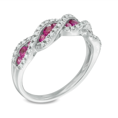 Lab-Created Ruby and White Sapphire Cascading Three Stone Band in Sterling Silver