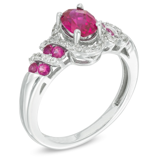 Oval Lab-Created Ruby and White Sapphire Cascading Frame Ring in 10K White Gold