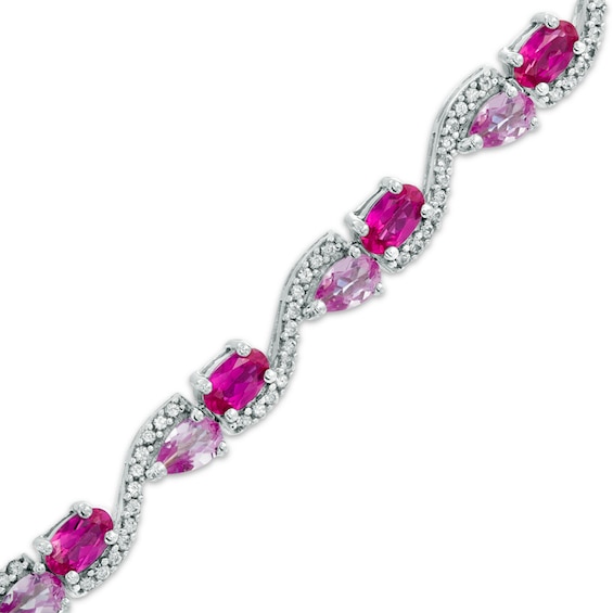 Oval Lab-Created Ruby and Pear-Shaped Pink Sapphire Wave Link Bracelet in Sterling Silver - 7.25"