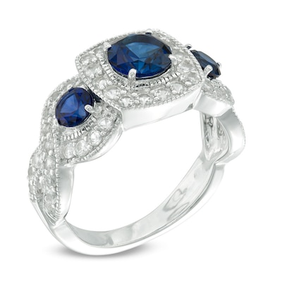 Lab-Created Blue and White Sapphire Frame Three Stone Ring in Sterling Silver