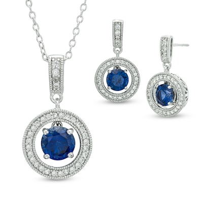 Lab-Created Blue and White Sapphire Frame Pendant and Earrings Set in Sterling Silver