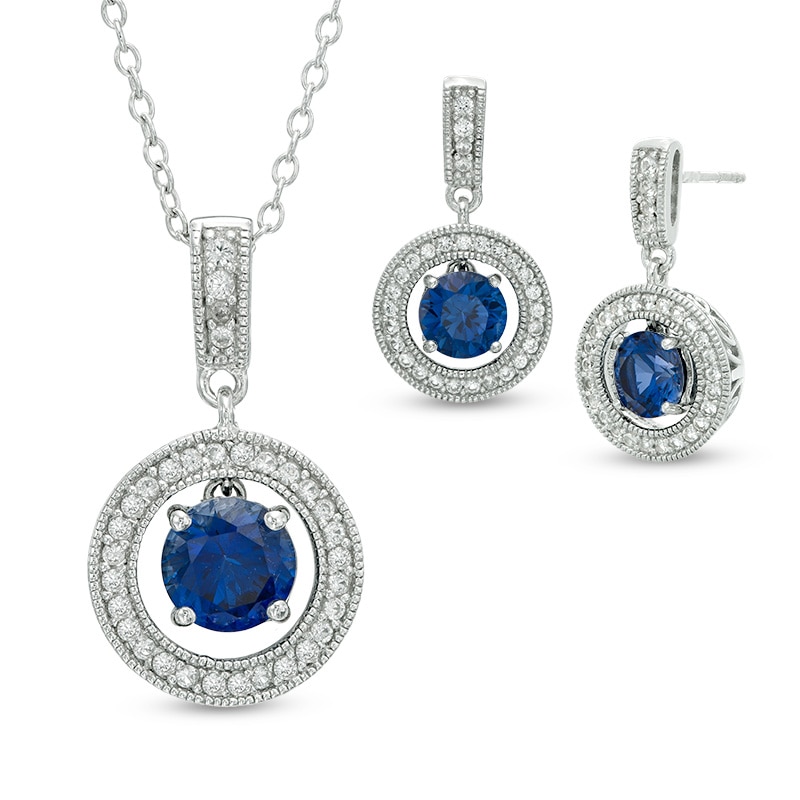 Lab-Created Blue and White Sapphire Frame Pendant and Earrings Set in ...